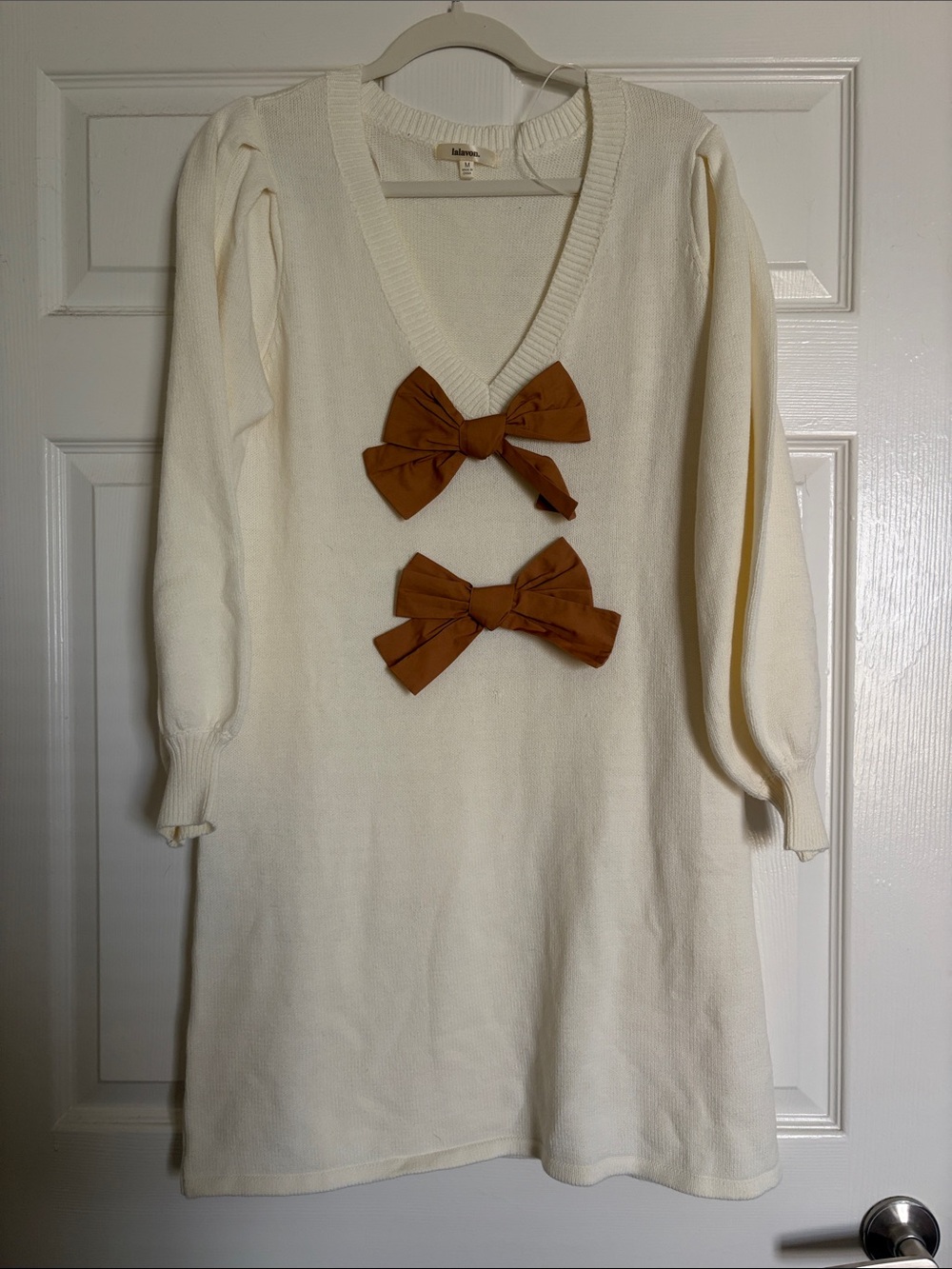 Cream Knit Dress with Brown Bow Accents